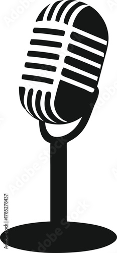 Iconic black retro microphone with a stand on a white background, symbolizing podcasting, broadcasting, or music. Simple, classic, and vintage feel.