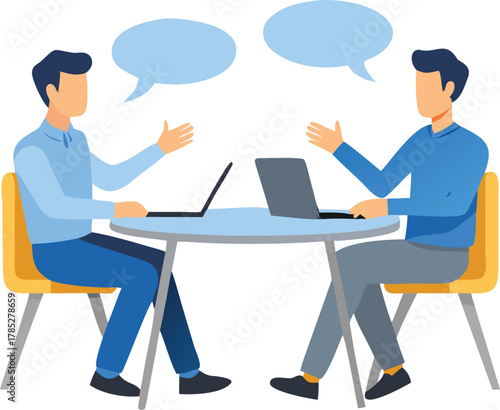 Two illustrated men sit across a table with laptops, engaged in conversation. Speech bubbles above them indicate a discussion. The tone is collaborative.