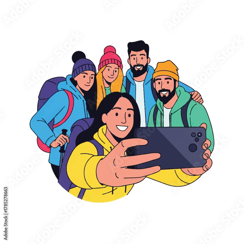 A cheerful group of diverse friends in winter hiking gear taking a selfie with a smartphone during an outdoor adventure