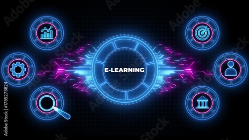 EdTech Education Technology e-learning online learning internet technology concept.Digital animation glowing blue circuit lines, technology, data flow.