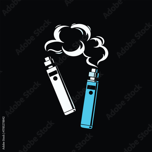 Illustration of two vapes, one white, one blue, emitting white vapor on a black background. The style is simple and modern, conveying a sleek vibe.