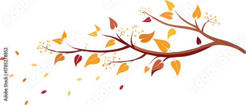 Illustration of a thin brown branch with orange and red leaves blown by the wind. Leaves scatter gently, evoking a sense of autumn and tranquility.