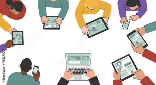 Team using digital devices for collaborative work tablets and laptop on white background showcasing modern business and technology group project