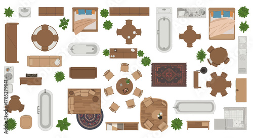 top-down view of furniture arrangement showing interior design plans in neutral colors useful for architectural visualization and space planning