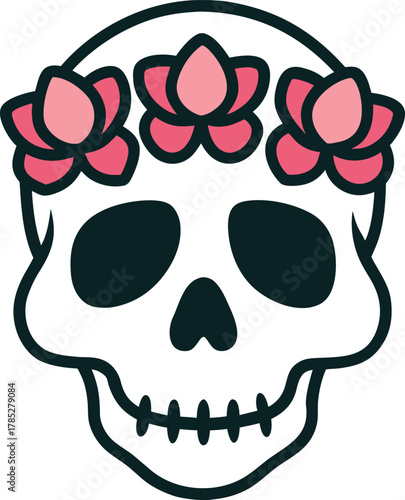 A minimalist skull illustration adorned with a crown of three pink flowers. The design combines elements of life and death with a playful tone.