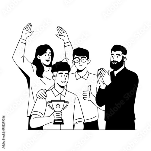 Joyful diverse team celebrates significant achievement. One member proudly holds a trophy, surrounded by cheering and applauding colleagues. Symbolizing collective success and collaborative spirit