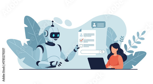 AI assistant helping woman with research on laptop showing collaboration technology and efficiency in a modern office illustrating innovation.