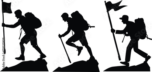 Silhouettes of three hikers with backpacks and walking sticks, two carrying flags, climbing a hill. The scene conveys adventure and determination.