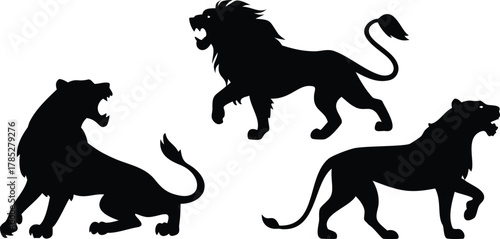 Silhouette of three lions against a white background. The lions are in different poses: sitting, standing, and walking with majestic and powerful stances.