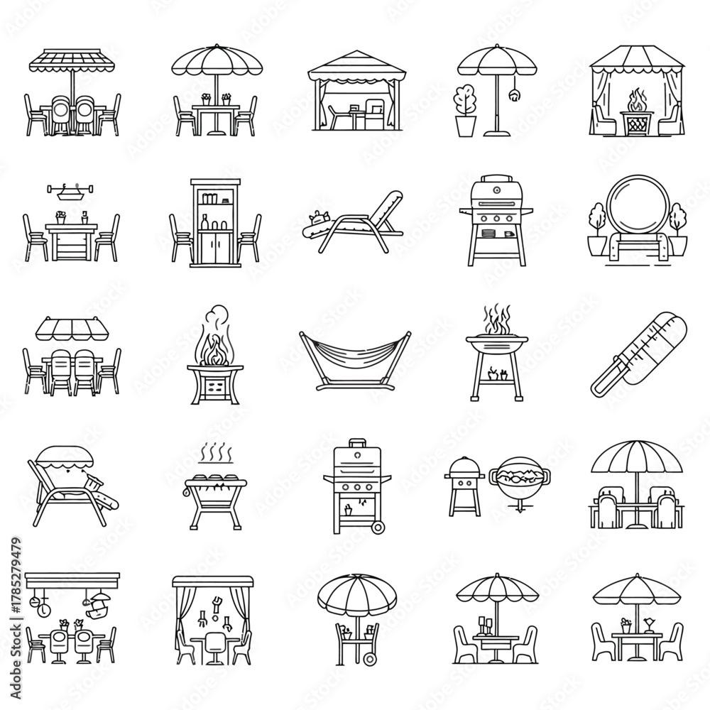 Fototapeta premium Backyard barbecue icons summer outdoor grilling and dining with backyard furniture for relaxing lifestyle perfect for patio designs and outdoor living spaces.