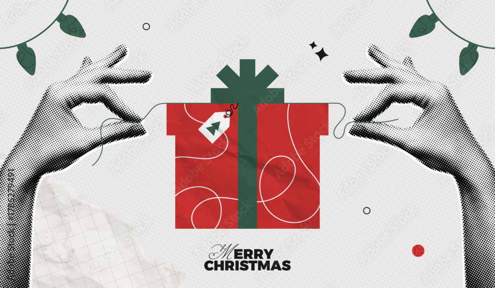 Naklejka premium Trendy Halftone Collage Merry Christmas and New Year poster. Women's hands open red gift box. Xmas present with ribbon and bow. Party celebration. Paper texture. Contemporary vector illustration art