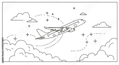 airplane taking off into the sky a journey through fluffy clouds capturing the excitement and adventure perfect for travel agency ads.