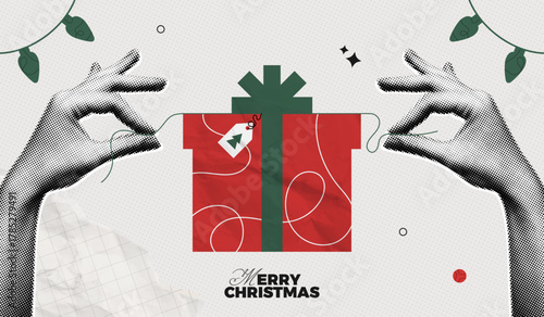 Trendy Halftone Collage Merry Christmas and New Year poster. Women's hands open red gift box. Xmas present with ribbon and bow. Party celebration. Paper texture. Contemporary vector illustration art