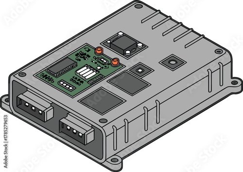 Illustration of a gray electronic control unit with a visible circuit board. Features connectors and microchips, conveying a technical and industrial tone.