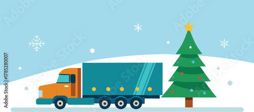 Illustration of an orange and teal truck on a snowy road beside a decorated Christmas tree with a star, under a light blue winter sky with snowflakes.