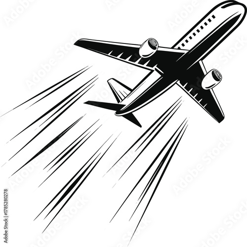 Illustration of an airplane in flight, angled upward, with motion lines behind it, conveying speed and dynamic movement in black and white.