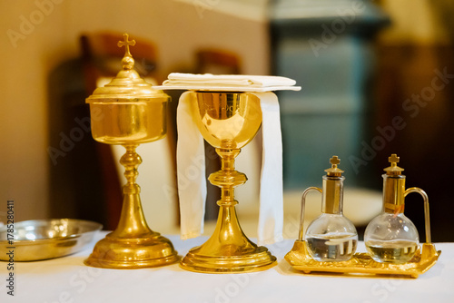Canvas Print Liturgical Chalice and Cruets on Altar