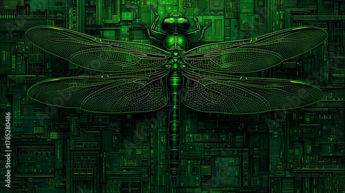 Futuristic green dragonfly with detailed wings over a complex circuit board background in a cyberpunk style.