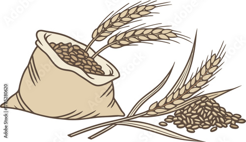 Illustration of a sack filled with grains beside three wheat stalks and a small pile of grains. The tone is rustic and agricultural.