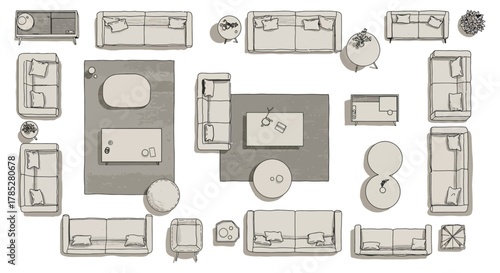 interior design plan furniture layout with sofas and tables illustrating home decor planning perfect for architectural rendering and room design concepts