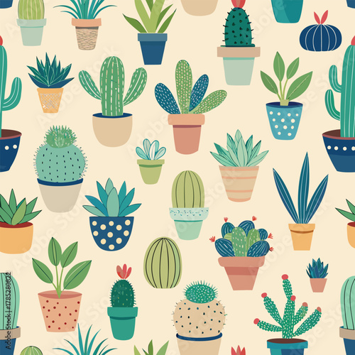 Colorful illustration of various cacti and succulents in patterned pots on a cream background, conveying a cheerful and playful tone.