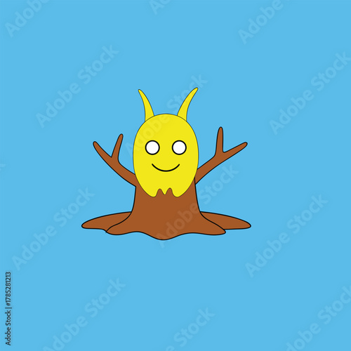 A cartoon yellow creature with horns and a smiling face, emerging from a brown puddle against a blue background. The mood is playful and whimsical.