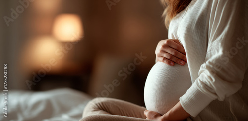 Close up of pregnant woman sitting on bed, gently cradling her visible belly, radiating warmth and anticipation