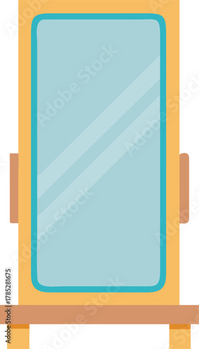 Illustration of a full-length wooden frame mirror with a blue glass surface, reflecting light, against a plain white background. Simple and modern design.