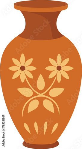 A brown ceramic vase with a narrow neck and wide base, featuring two stylized yellow flowers and abstract leaf patterns, creating a simple, rustic charm.