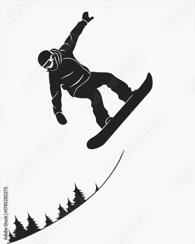 Silhouette of a snowboarder in mid-air, executing a jump with one arm raised. Conifer trees and a slope curve below, creating a dynamic scene.