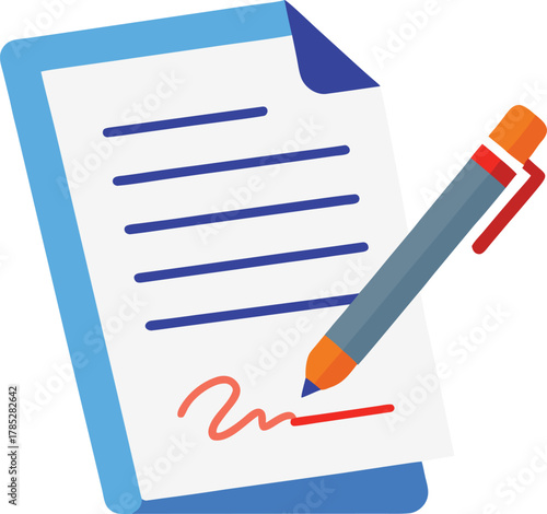 Illustration of a blue document with text lines and a signature in red, partially covered by a pen. Represents writing or signing paperwork.