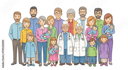 Happy Family and Medical Professionals – Baby Care and Generational Health Illustration
