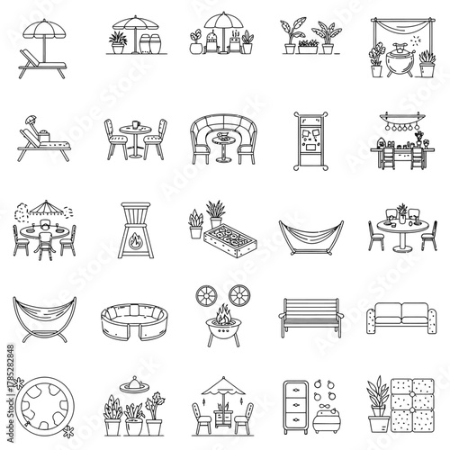 patio furniture icons showing hammocks grills tables and seating areas ideal for illustrating outdoor living spaces and backyard design options