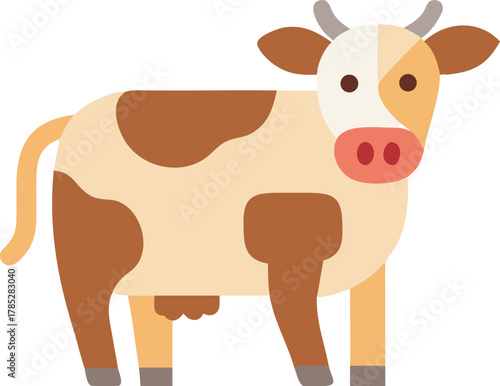 Cartoon illustration of a cow with brown patches, standing on a white background. The cow has a pink snout, small horns, and a calm expression.