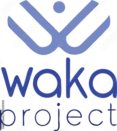Logo of "waka project" features a blue abstract symbol resembling a person with raised arms, above the text, conveying positivity and empowerment.