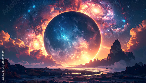 A landscape of a planet from another dimension floating in the air