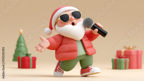 Trendy Santa claus singing christmas song into microphone with Christmas gifts on background