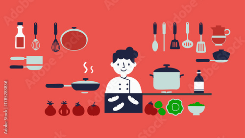 flat_kitchen_chef_utensils_red_background_vector