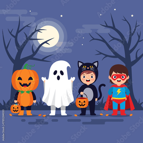 Cute Children in Halloween Costumes Ready for Trick-or-Treating Under a Full Moon at Night
