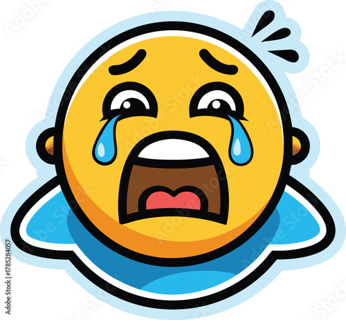 Crying emoji with a yellow face, wide open mouth, raised eyebrows, and tears streaming down. Surrounding blue shadow adds emphasis to its sadness.