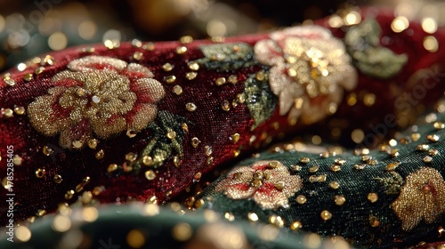 Close-Up of Elegant Embroidered Fabric with Floral and Beaded Design