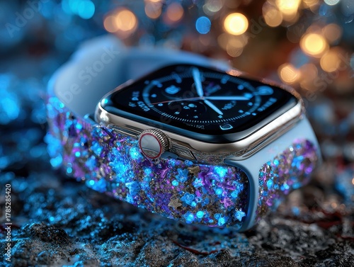 Glittering Smartwatch with Vibrant Gemstone Strap in Festive Setting