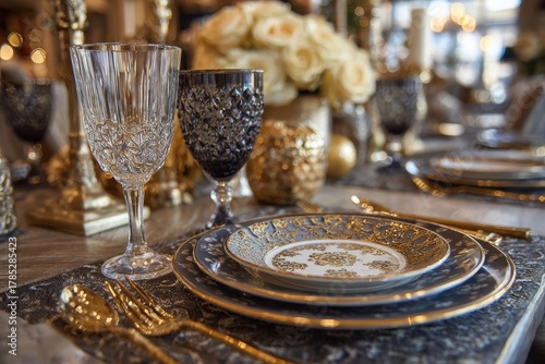 Elegant Table Setting with Crystal Glassware and Gold Accents