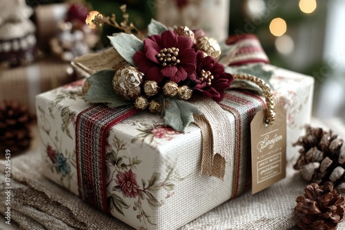 Elegant gift box with floral decoration and rustic elements
