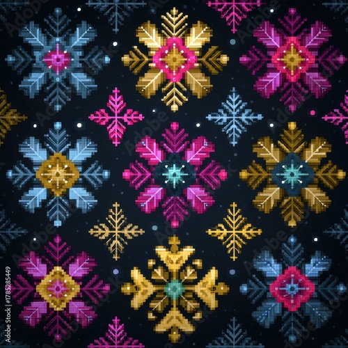Colorful Geometric Snowflake Pattern on a Dark Background