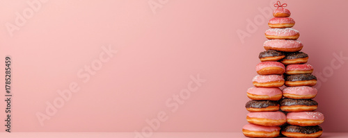 Christmas donut tree with pink icing and chocolate flavor stacked in festive shape on pastel background, joyful holiday treat