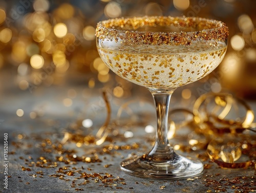 Elegant Gold Rimmed Champagne Glass with Glittery Background