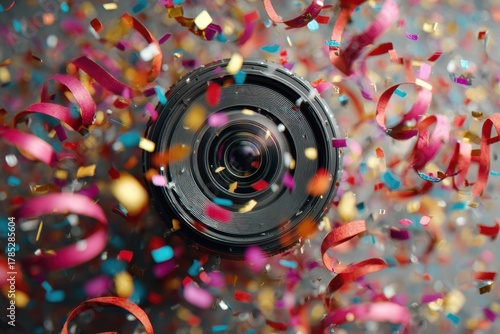 Celebratory Camera Lens with Colorful Confetti Background