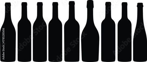 Wine bottle silhouette collection vector illustration, black beverage shapes, alcohol drink design, winery concept, bar and restaurant decoration element