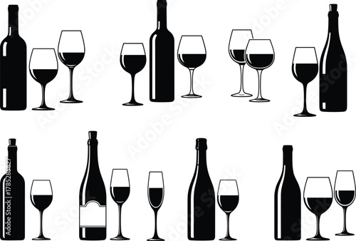 Wine bottles and glasses vector illustration, elegant alcohol drink collection, winery and bar design, luxury beverage concept, celebration and drinking theme